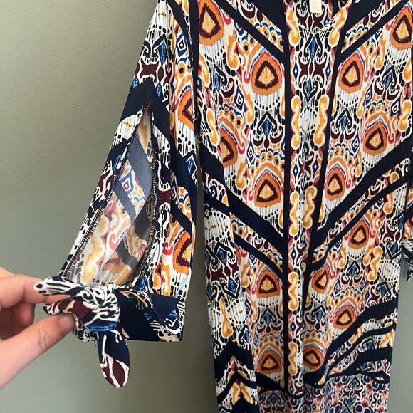 Chico’s Vibrant Fall Print Pullover Ikat Medallion Dress with Tie Sleeves Size 1 - Picture 7 of 12